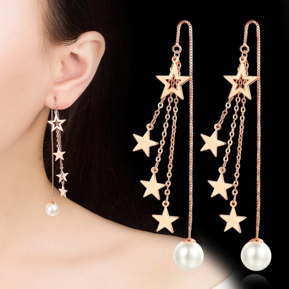 NEW 925 Sterling Silver Pearl Star Drop Earrings - Picture 2 of 8